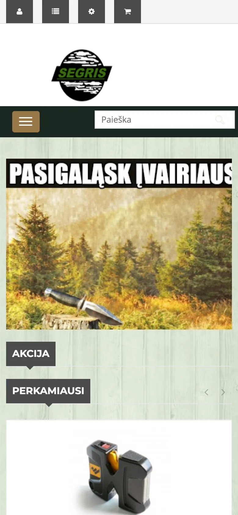 Senoji e.segris.lt versija telefone: viršuje keturios pilkos piktogramos, didelis logotipas, maža paieška, o reklamjuostė nukirpta, nes nesitaiko prie ekrano pločio.